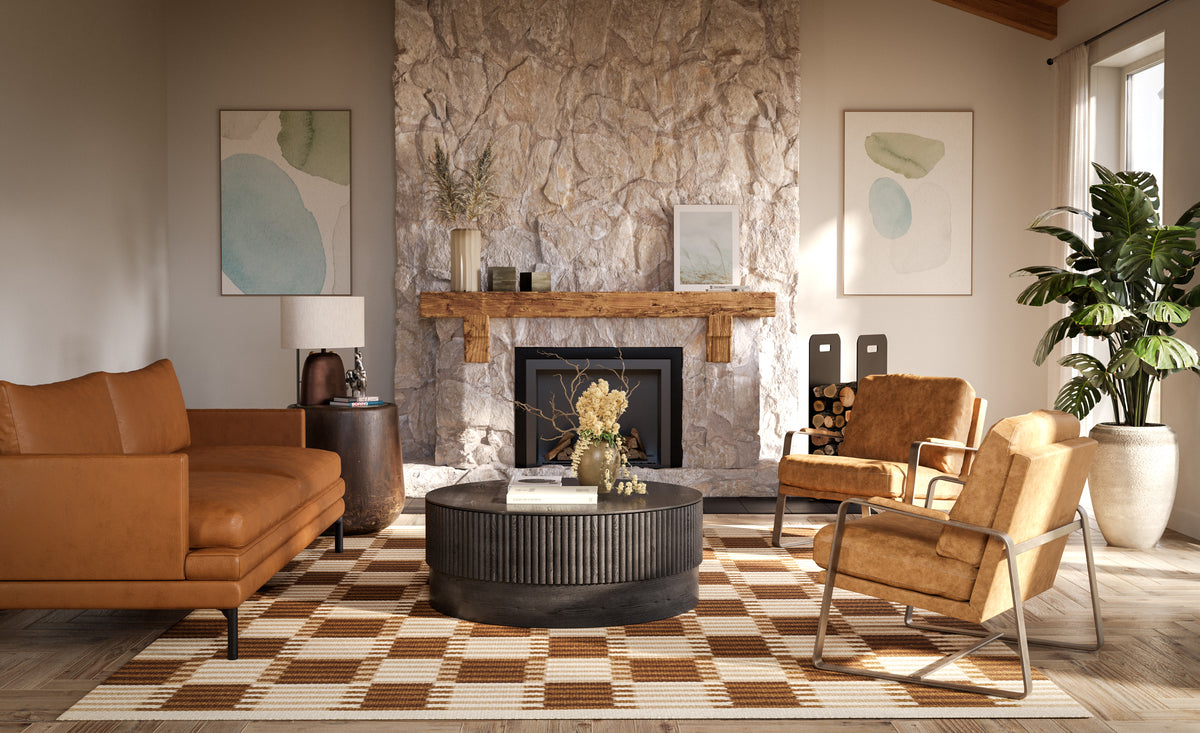 A rustic living room featuring the Momeni Scandi SCN-3 handcrafted area rug in a brown wool-cotton blend.