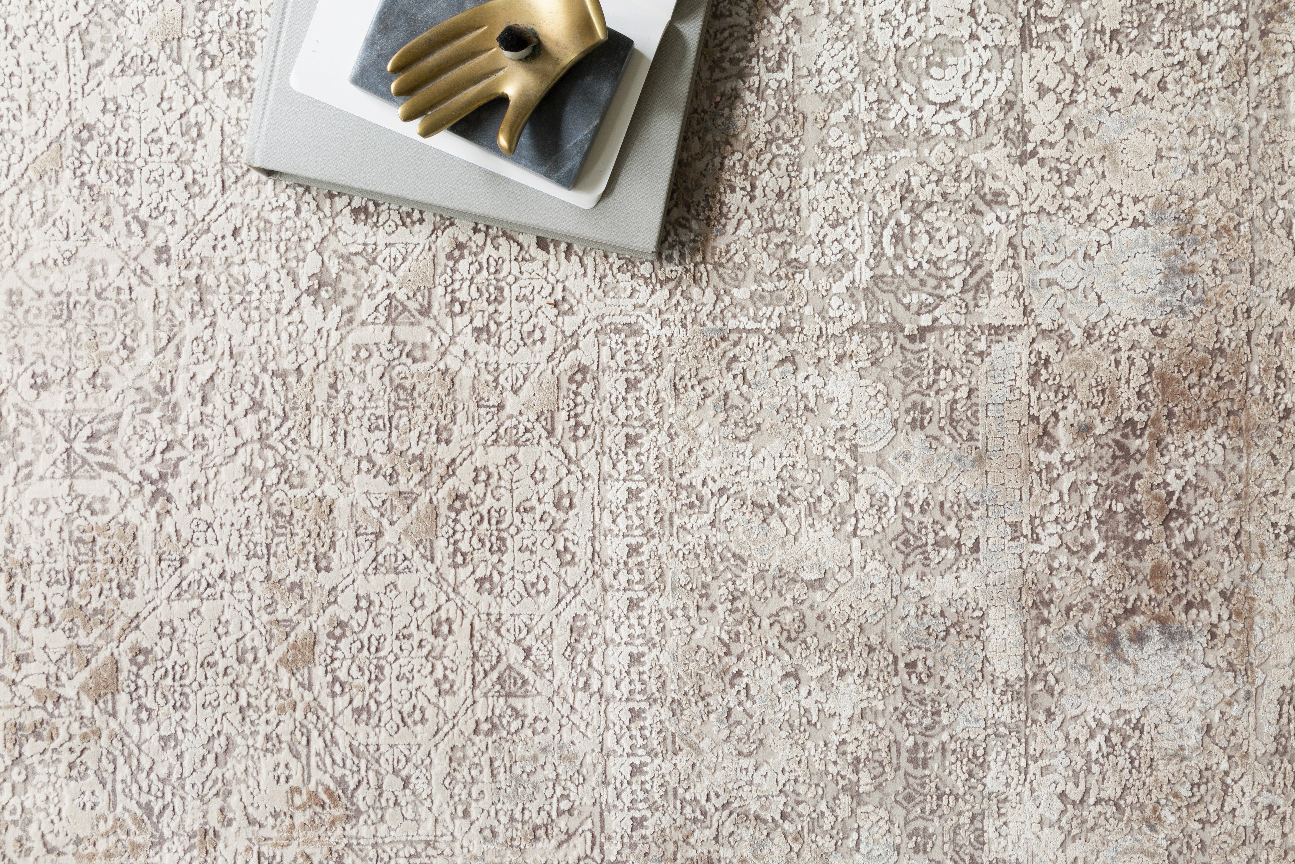 Sienne SIE-01 Ivory/Pebble area rug with subtle distressed motif, neutral palette, silky sheen