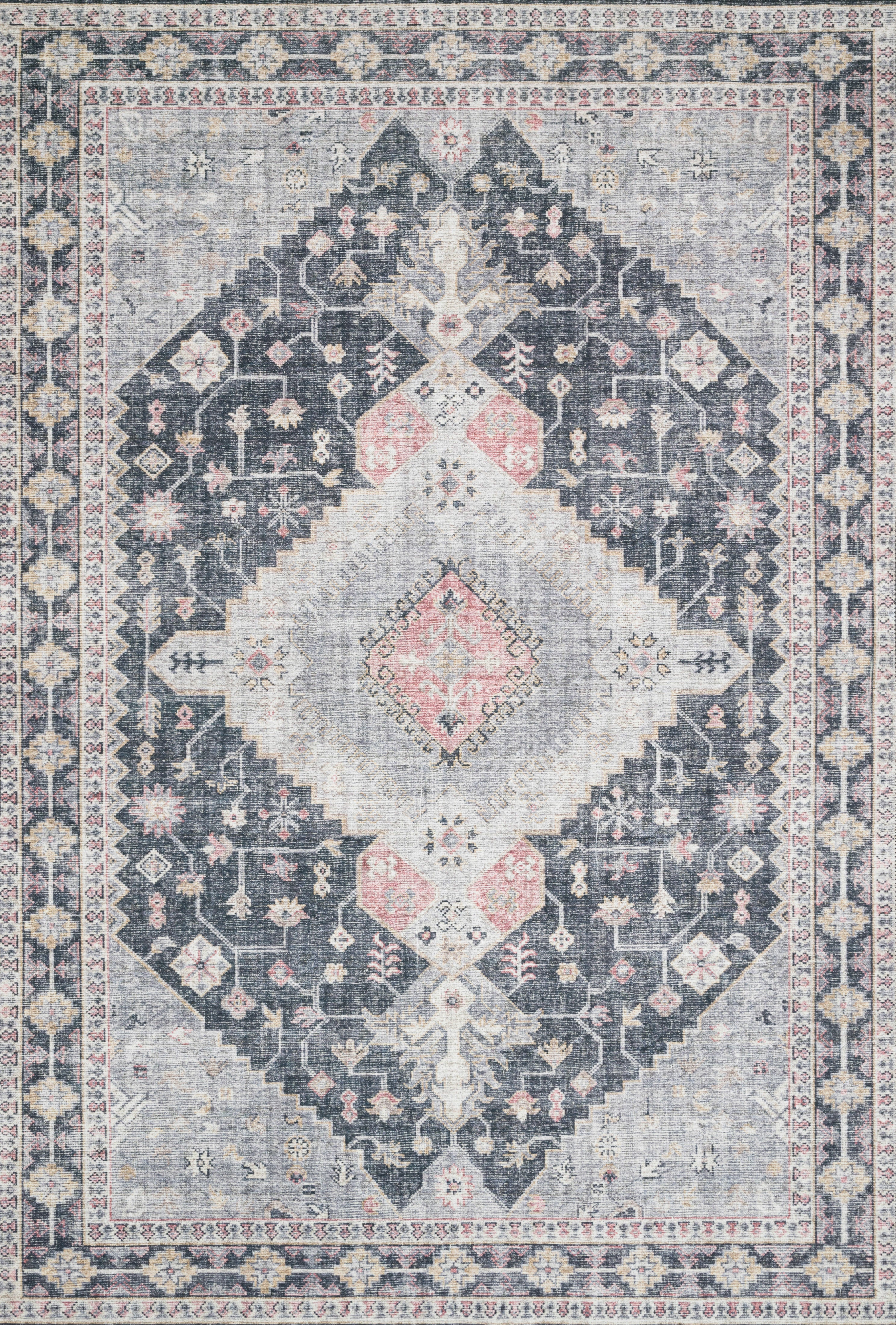 Skye SKY-02 Charcoal / Multi Area Rug, distressed vintage medallion with multicolor detailing on charcoal