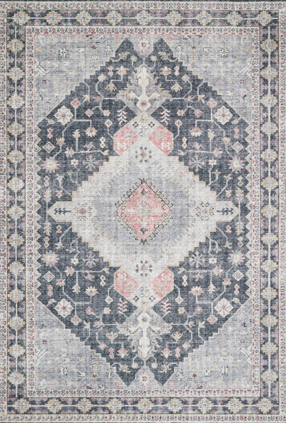 Skye SKY-02 Charcoal / Multi Area Rug, distressed vintage medallion with multicolor detailing on charcoal