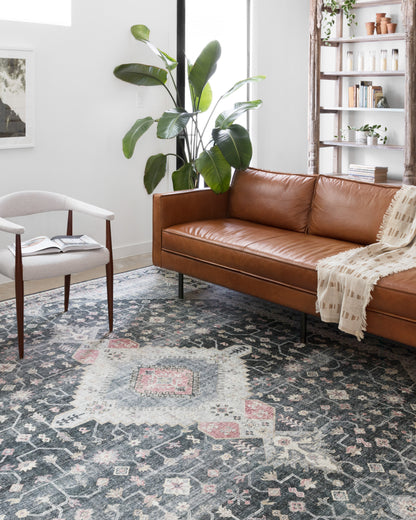 Skye SKY-02 Charcoal / Multi Area Rug, distressed vintage medallion with multicolor detailing on charcoal