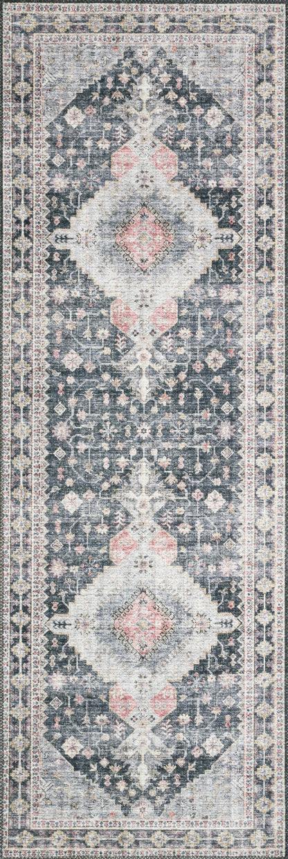 Skye SKY-02 Charcoal / Multi Area Rug, distressed vintage medallion with multicolor detailing on charcoal