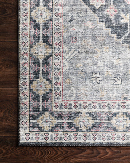 Skye SKY-02 Charcoal / Multi Area Rug, distressed vintage medallion with multicolor detailing on charcoal