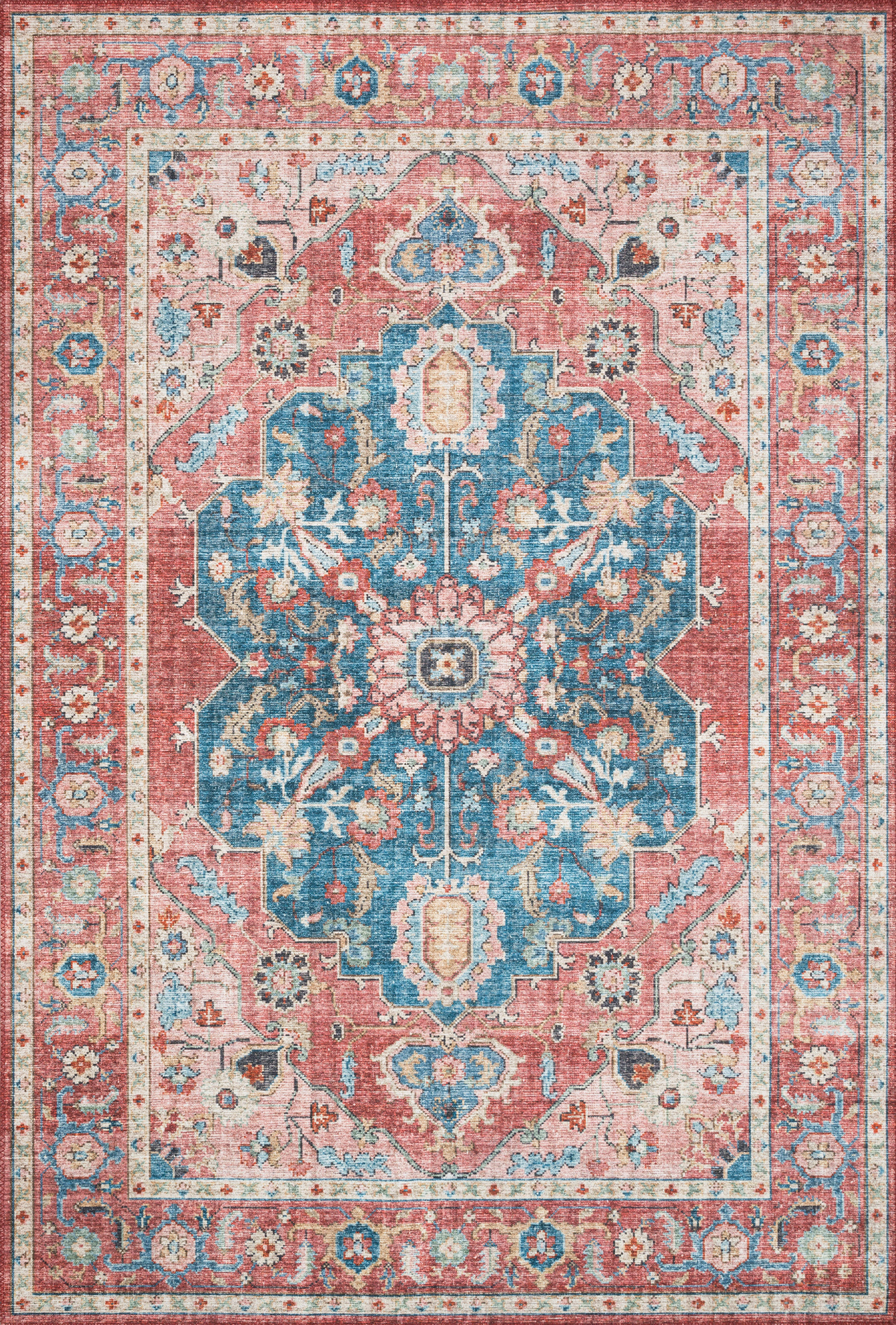 Skye SKY-05 Brick / Ocean Area Rug, brick and ocean blue distressed medallion design