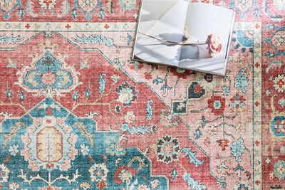 Skye SKY-05 Brick / Ocean Area Rug, brick and ocean blue distressed medallion design