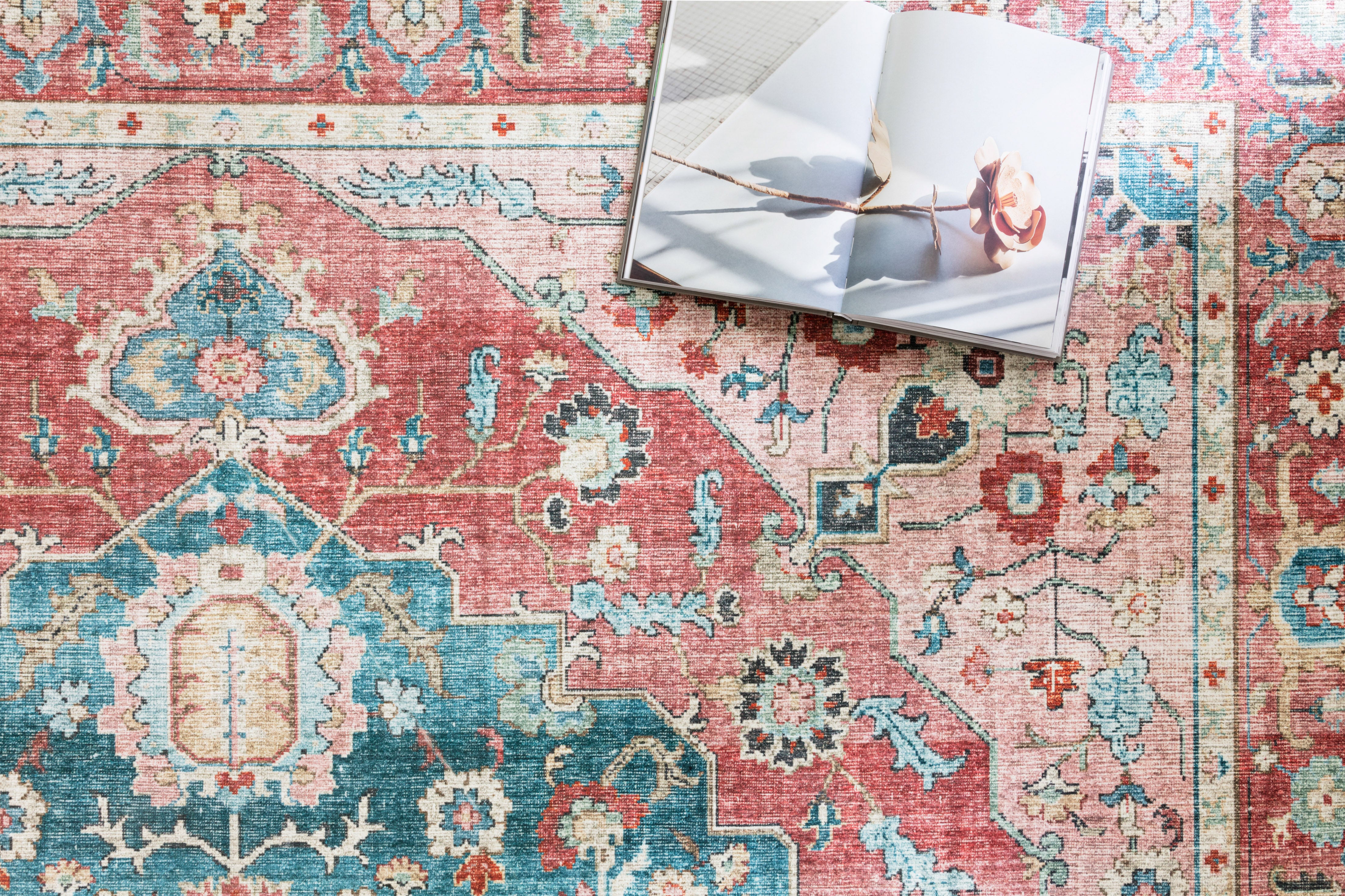 Skye SKY-05 Brick / Ocean Area Rug, brick and ocean blue distressed medallion design