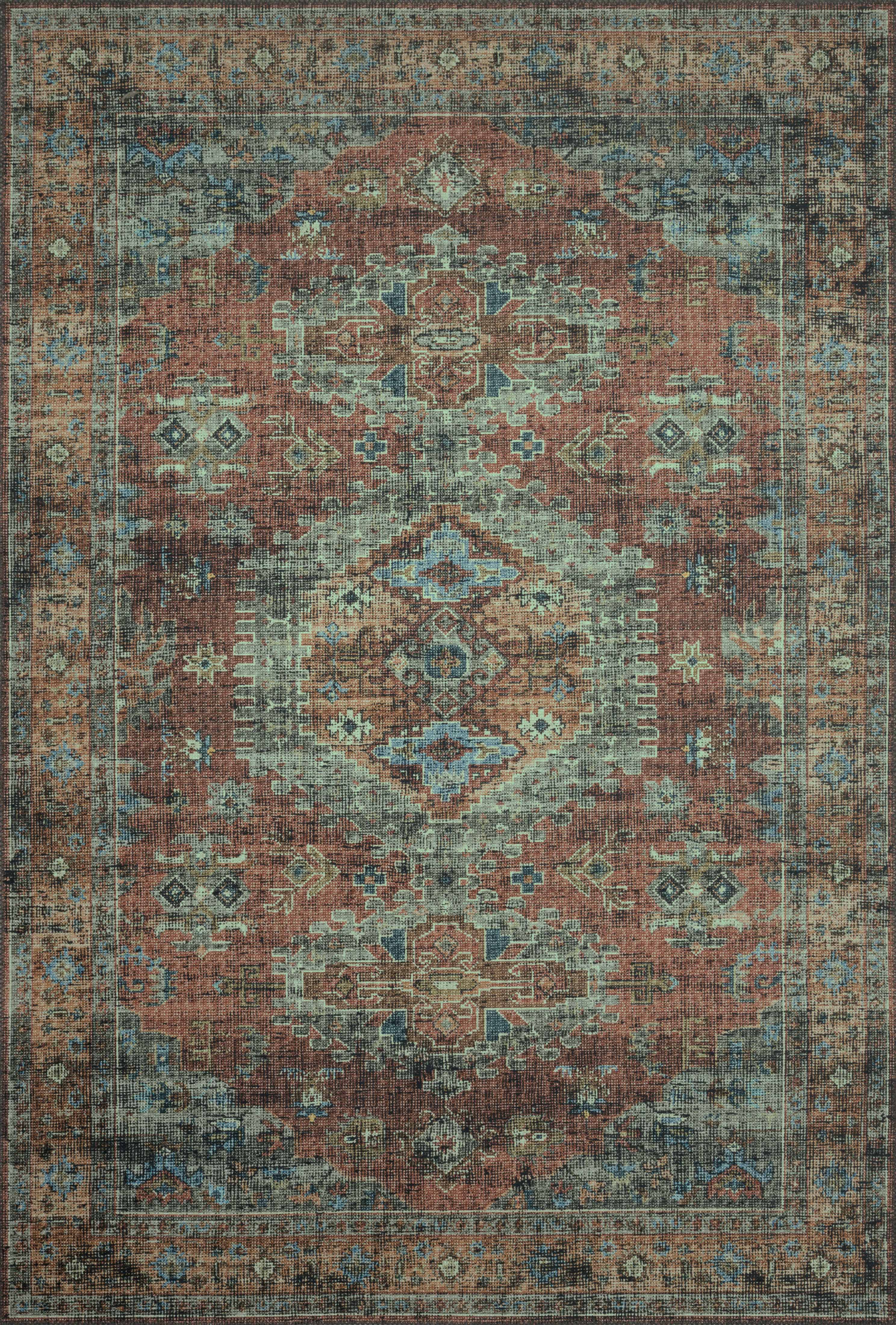 Skye SKY-07 Terracotta / Sky Area Rug, terracotta and sky blue distressed vintage medallion pattern
