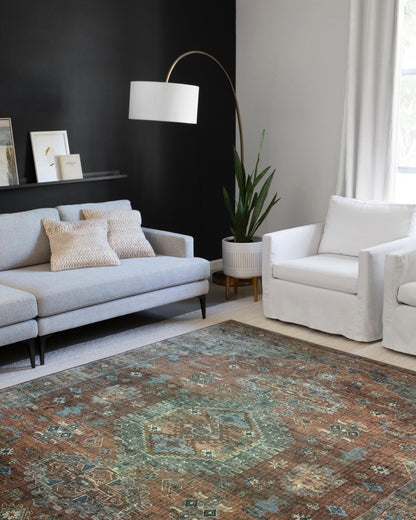 Skye SKY-07 Terracotta / Sky Area Rug, terracotta and sky blue distressed vintage medallion pattern