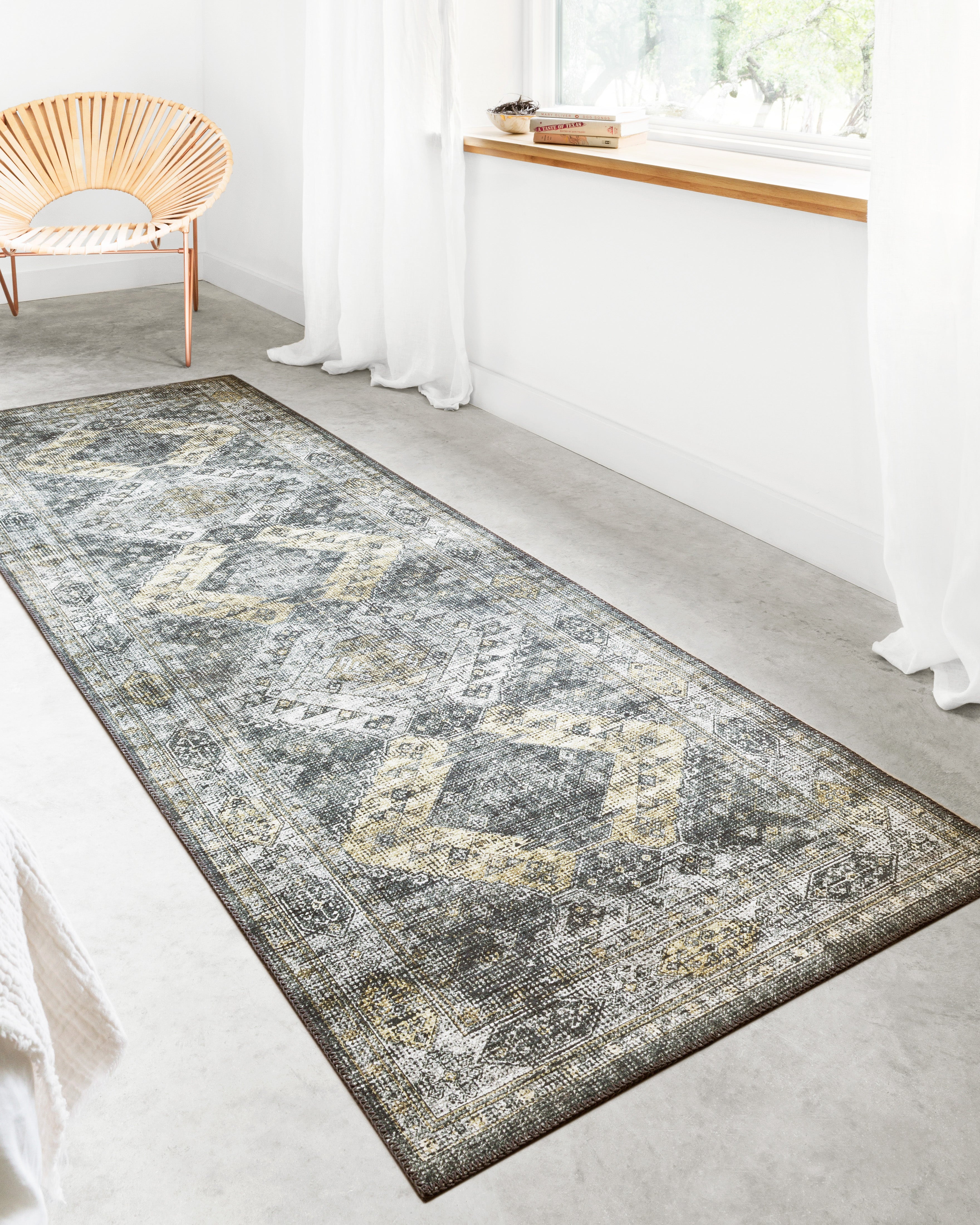 Skye SKY-09 Graphite / Silver Area Rug, sleek graphite and silver tones with distressed medallion design