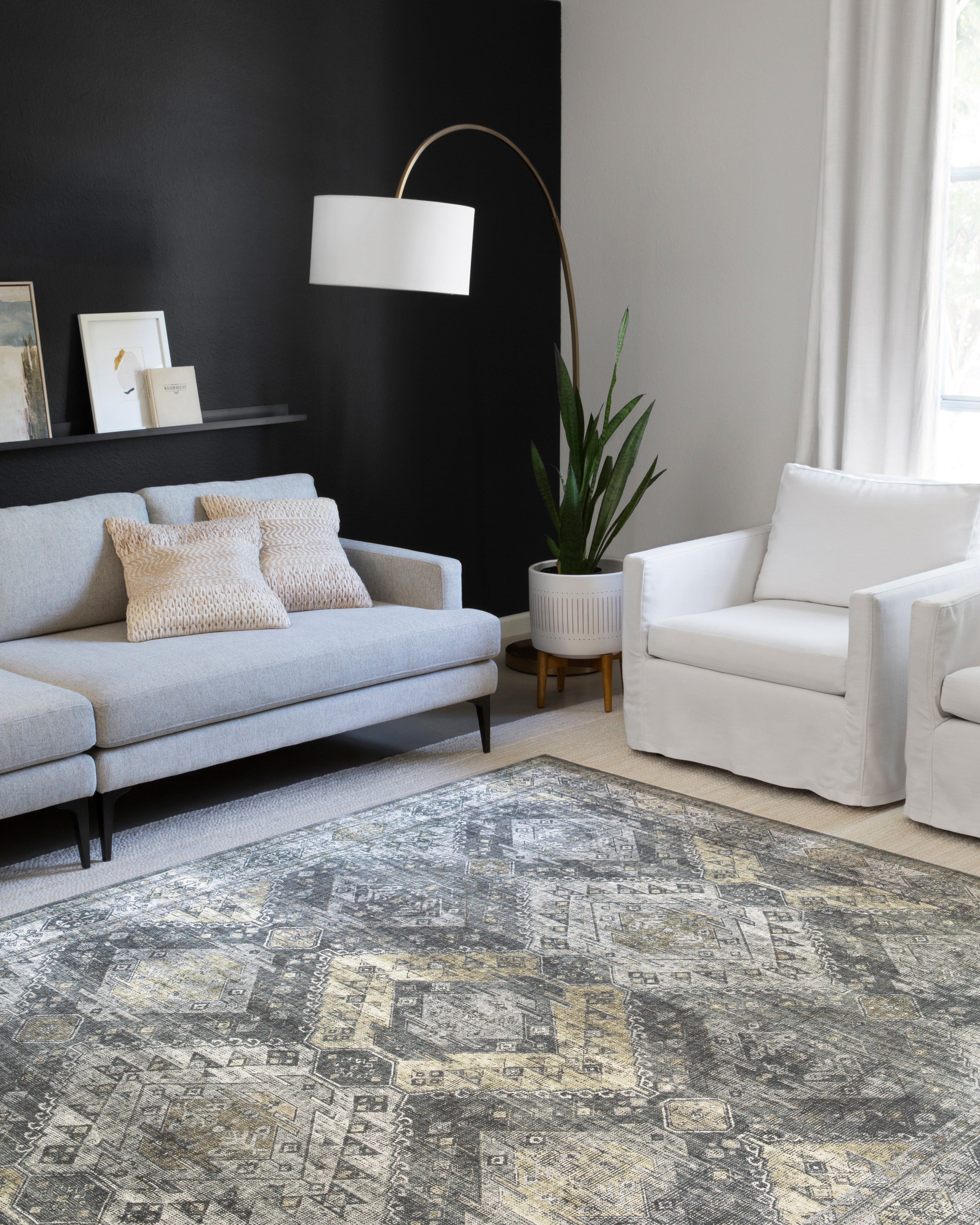 Skye SKY-09 Graphite / Silver Area Rug, sleek graphite and silver tones with distressed medallion design