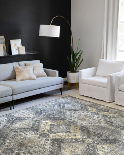Skye SKY-09 Graphite / Silver Area Rug, sleek graphite and silver tones with distressed medallion design