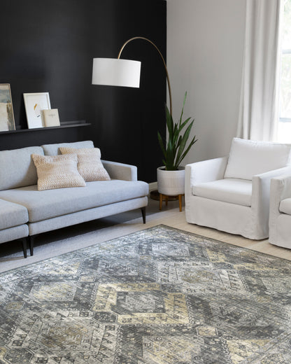 Skye SKY-09 Graphite / Silver Area Rug, sleek graphite and silver tones with distressed medallion design