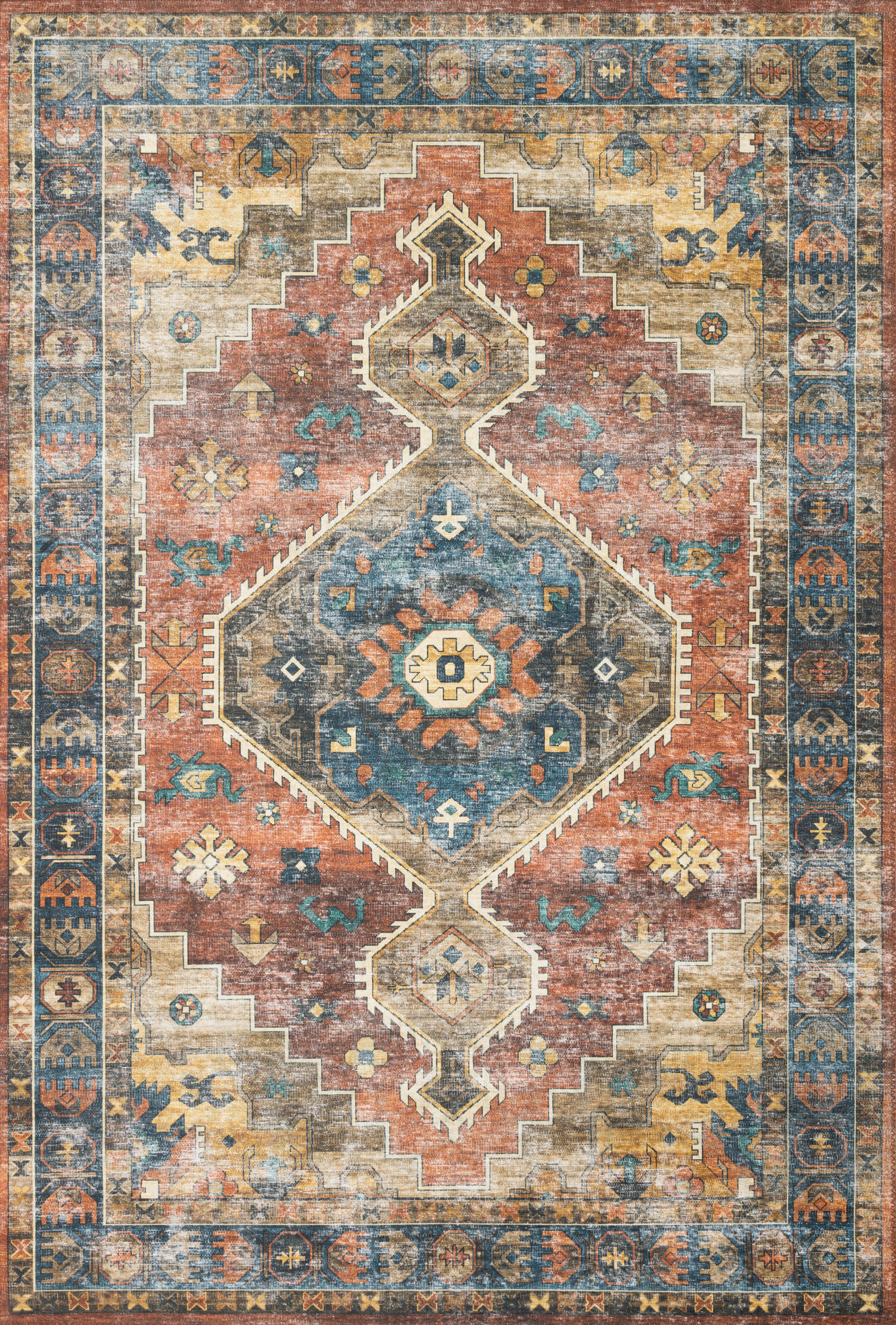 Skye SKY-11 Rust / Blue Area Rug, rich rust and blue tones with distressed vintage medallion design