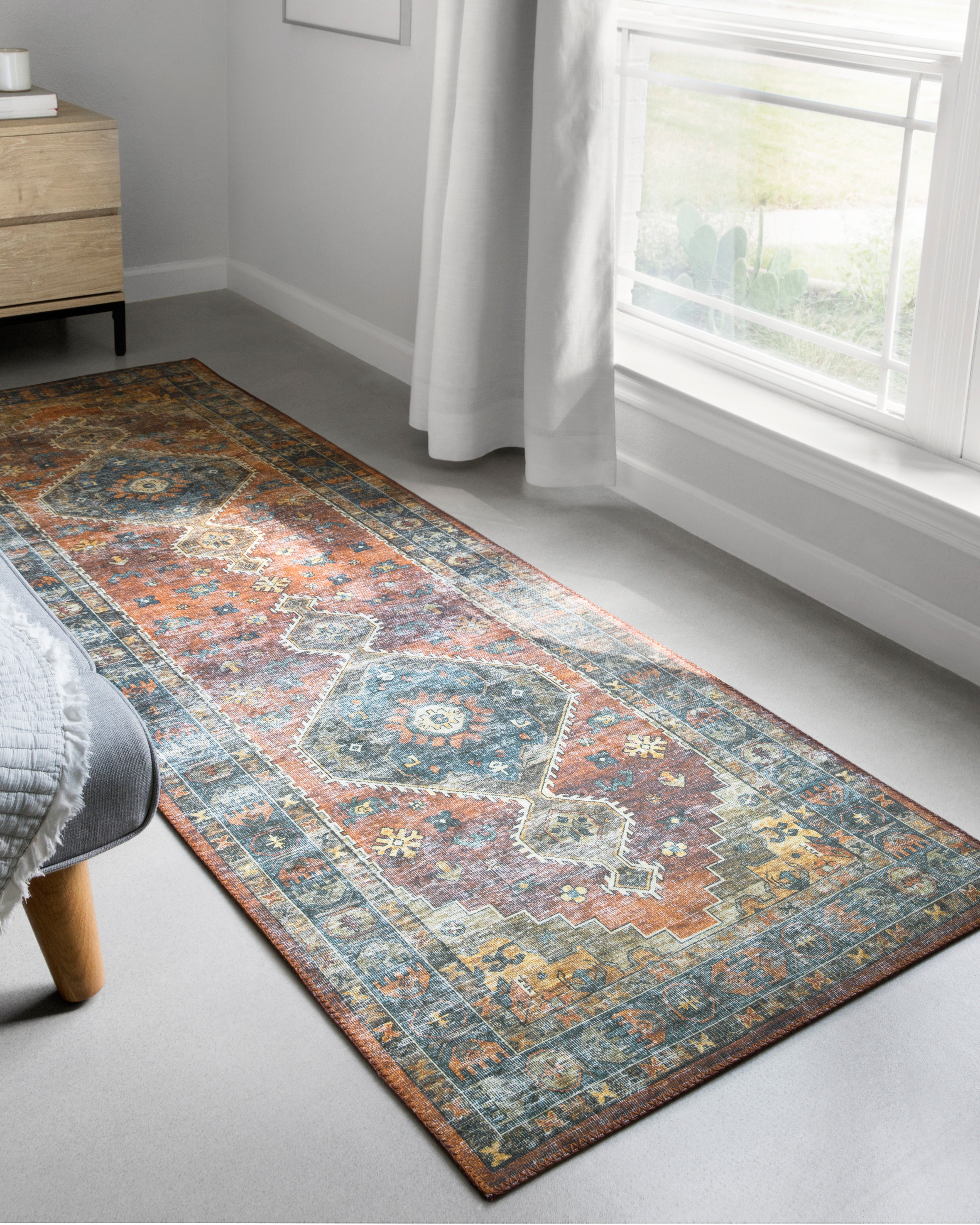 Skye SKY-11 Rust / Blue Area Rug, rich rust and blue tones with distressed vintage medallion design