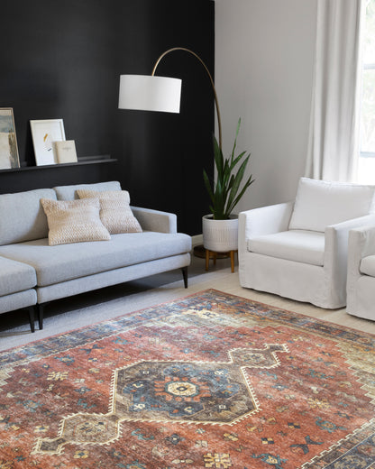 Skye SKY-11 Rust / Blue Area Rug, rich rust and blue tones with distressed vintage medallion design
