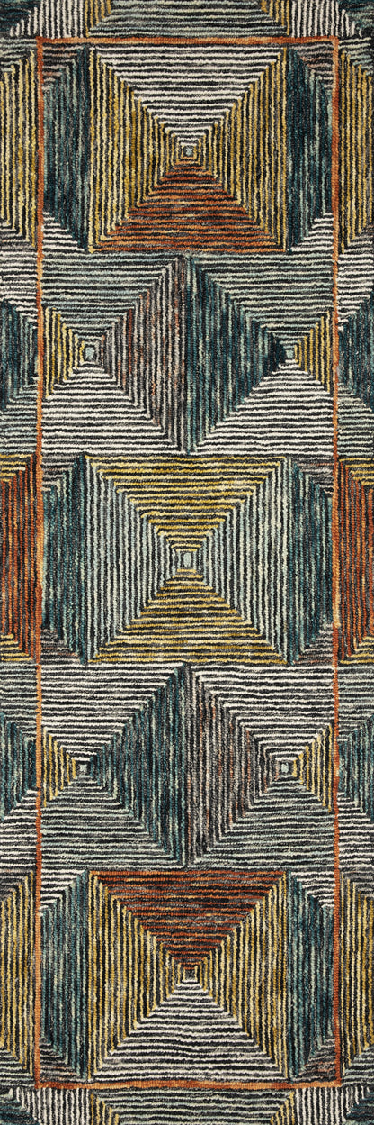 A hooked wool area rug featuring geometric and eclectic design and tranquil lagoon and spirited spice tones, the Spectrum SPE-01 Lagoon / Spice Area Rug adds character to any room