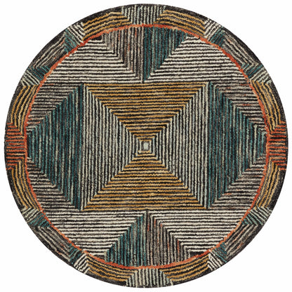 A hooked wool area rug featuring geometric and eclectic design and tranquil lagoon and spirited spice tones, the Spectrum SPE-01 Lagoon / Spice Area Rug adds character to any room