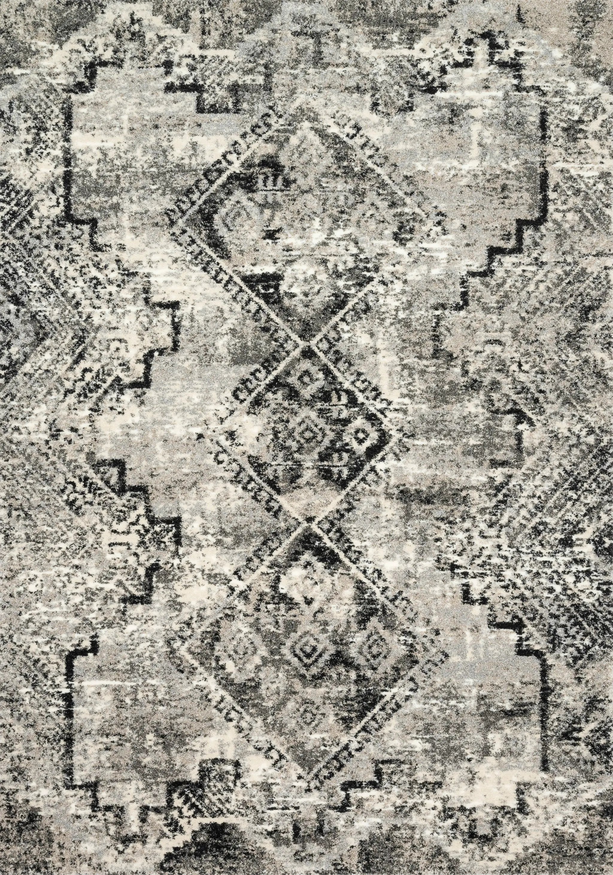 The Viera VR-10 Grey / Black Area Rug showcases elegant grey and dramatic black tones in a power-loomed polypropylene and polyester area rug with contemporary and vintage style