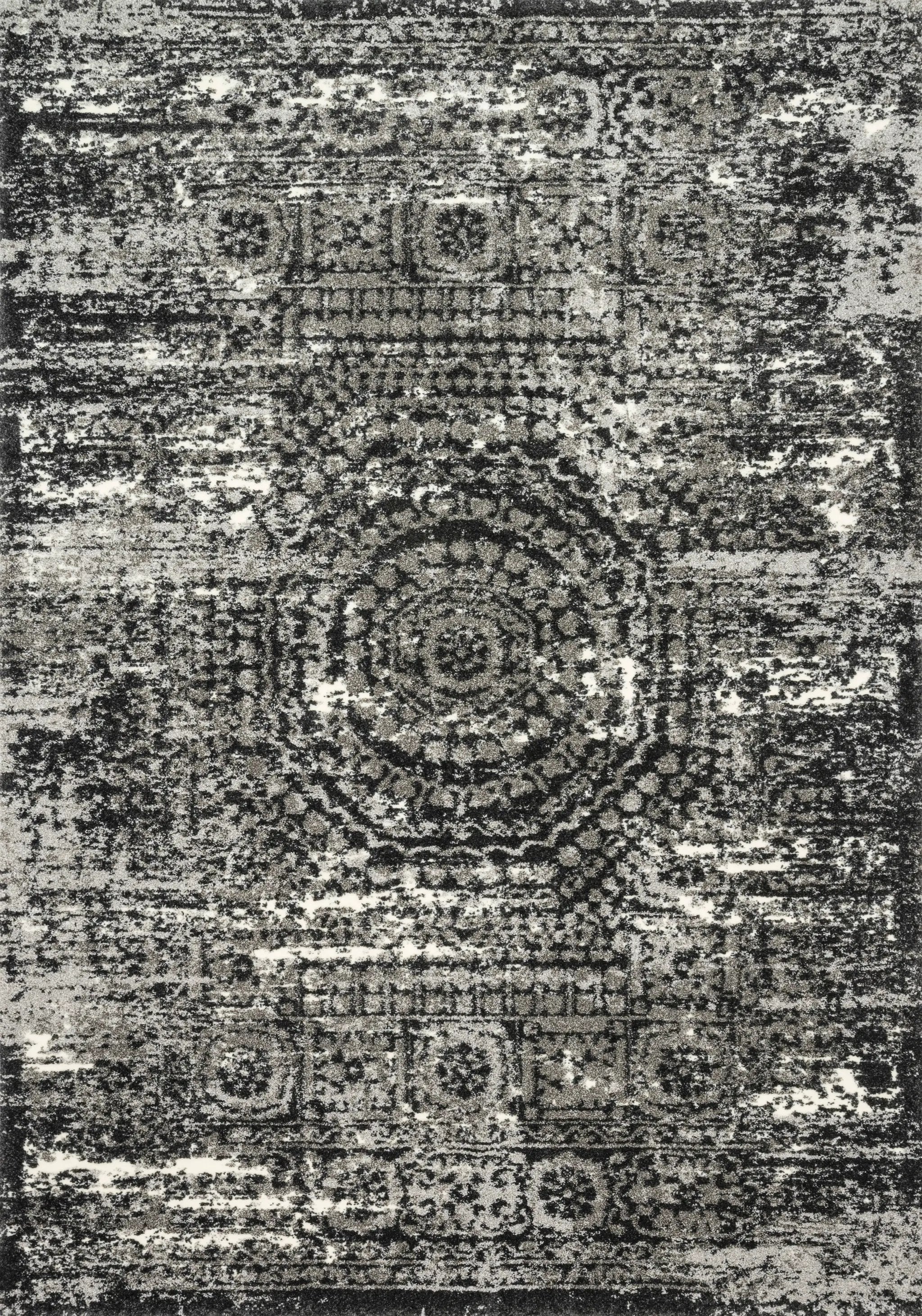 Featuring graphite and dramatic black hues and contemporary and vintage detail, the Viera VR-11 Graphite / Black Area Rug is a power-loomed polypropylene and polyester area rug for any room