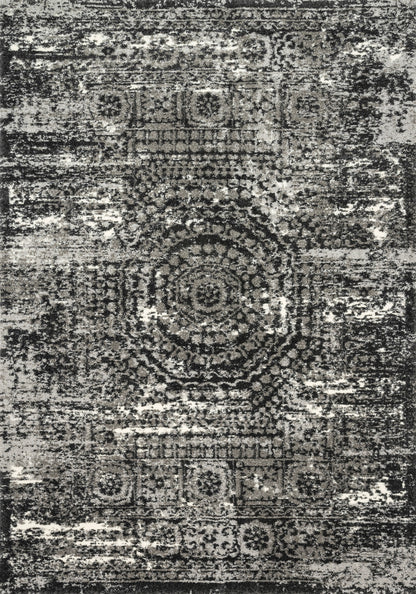 Featuring graphite and dramatic black hues and contemporary and vintage detail, the Viera VR-11 Graphite / Black Area Rug is a power-loomed polypropylene and polyester area rug for any room
