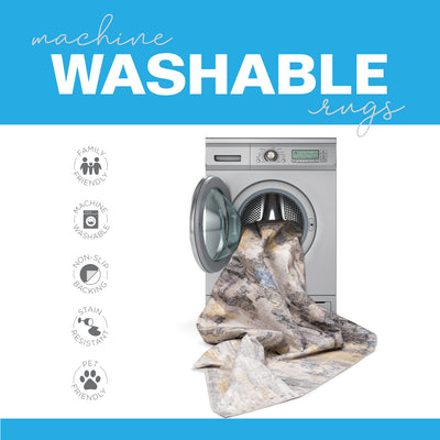 Machine washable rug with a washing machine and text highlighting features.