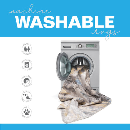Machine washable rug with a washing machine and text highlighting features.
