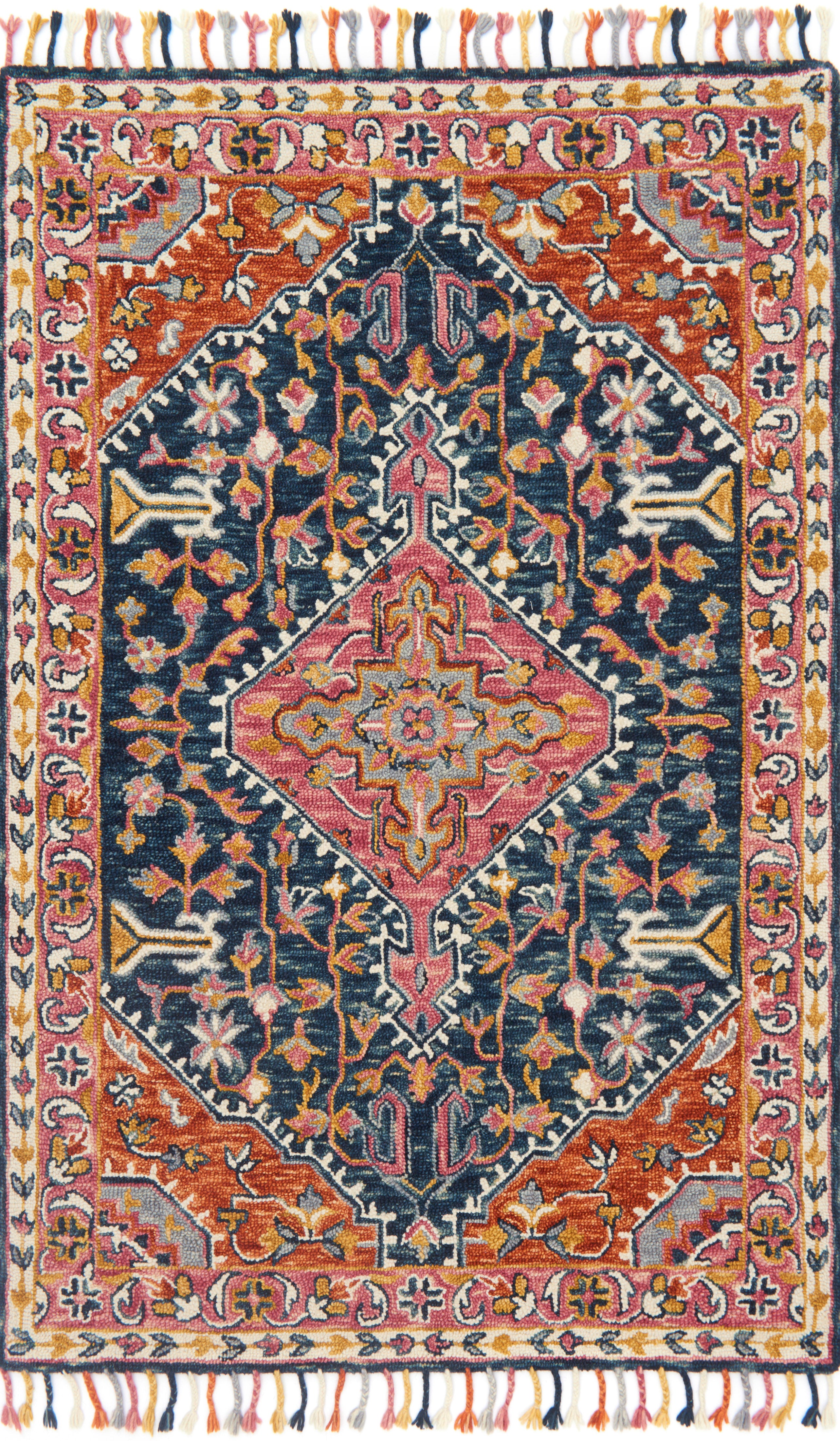 The Zharah ZR-01 Navy / Multi Area Rug pairs classic navy and vibrant multi-toned tones with a hooked 100% wool area rug for lasting style