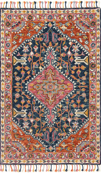 The Zharah ZR-01 Navy / Multi Area Rug pairs classic navy and vibrant multi-toned tones with a hooked 100% wool area rug for lasting style