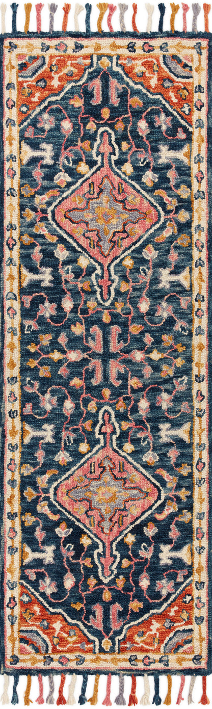 The Zharah ZR-01 Navy / Multi Area Rug pairs classic navy and vibrant multi-toned tones with a hooked 100% wool area rug for lasting style