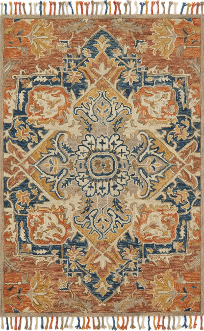 Rich in warm rust and calming blue hues, the Zharah ZR-10 Rust / Blue Area Rug is a hooked 100% wool area rug built for style and comfort