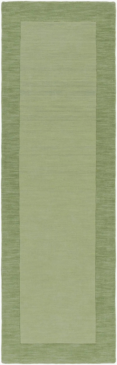 Livabliss Mystique M-310 medium green hallway runner rug with textured border and smooth center, featuring hand-loomed wool construction for contemporary floor coverage.