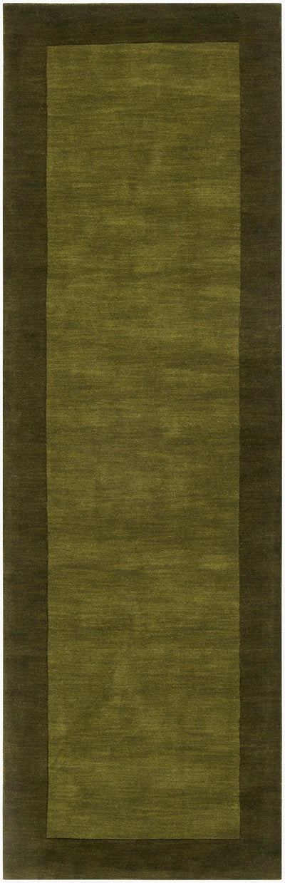 Livabliss Mystique M-315 Olive hallway runner rug with dark border featuring a dynamic high-low pile wool texture and traditional hand-loomed construction.