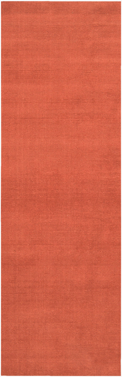 Hand-crafted Livabliss Mystique M-332 burnt-orange wool hallway runner rug with structured high-low pile weave for modern living spaces.