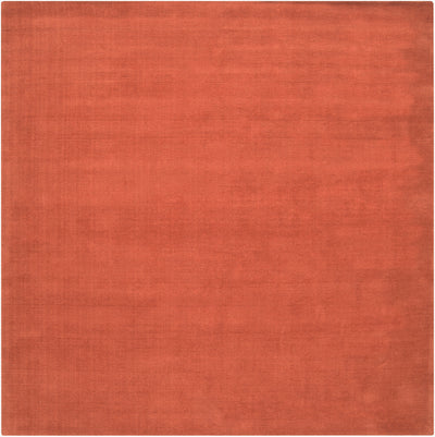 Hand-crafted Livabliss Mystique M-332 burnt-orange wool square area rug featuring a textured high-low pile weave for structured warmth and modern depth in living spaces.