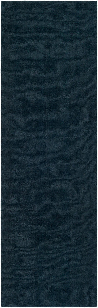 Livabliss Mystique M-340 Dark blue hand-loomed wool runner rug with a high-low pile texture, perfect for anchoring hallways, living rooms, or bedrooms with understated elegance.