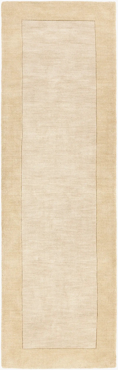 Livabliss Mystique M-344 Beige hand-loomed wool hallway runner rug with high-low pile texture and inset border design for minimalist modern interiors.