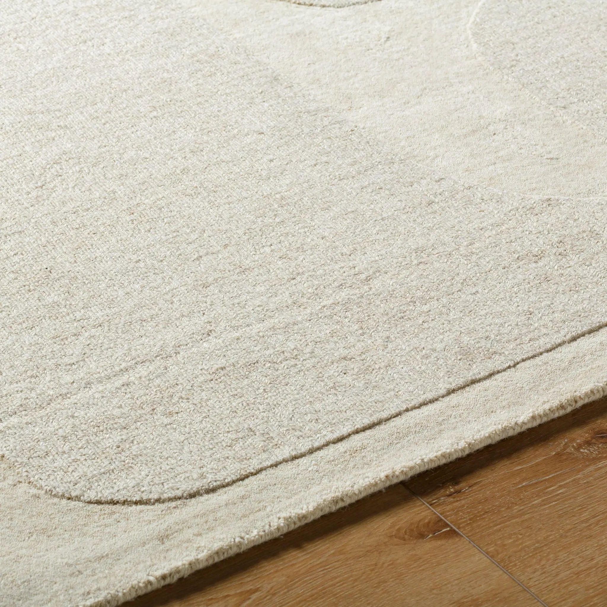 Livabliss Mystique M-5476 Beige hand-loomed wool area rug with medium pile texture and subtle border design resting on hardwood flooring.