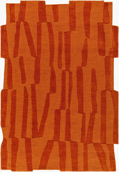 Livabliss Mystique M-5488 Burnt sienna hand-loomed wool area rug with abstract vertical stripes and irregular edges for modern interiors.