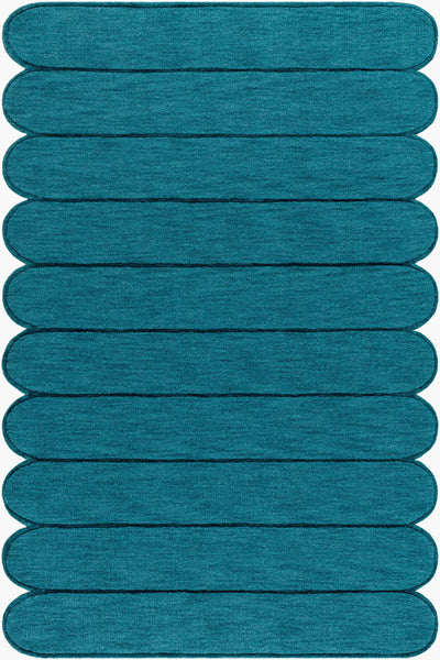 Livabliss Hand Loomed Mystique M-5491 Teal wool area rug with horizontal ribbed texture and rounded edges for modern living spaces.