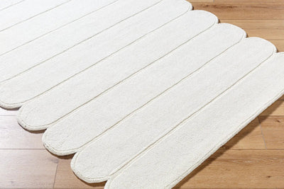 Livabliss Mystique M-5492 Ivory hand-loomed wool area rug with striped texture and rounded edges on wood flooring, made in India.
