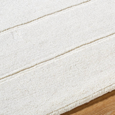 Hand-loomed Livabliss Mystique M-5492 ivory wool area rug with refined striped texture and balanced medium pile, crafted in India for dining rooms, living rooms and bedrooms.