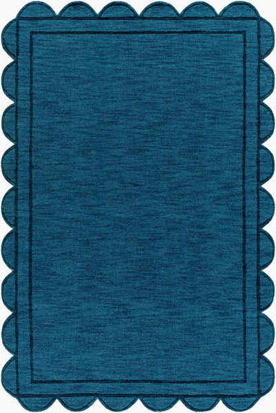 Livabliss Mystique M-5493 Indigo hand loomed wool area rug with scalloped edges and dark border, featuring textured medium-pile weave for living spaces.