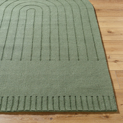 Livabliss Mystique M-5495 Sage green wool hand loomed area rug with embossed arch pattern and textured weave on wood flooring