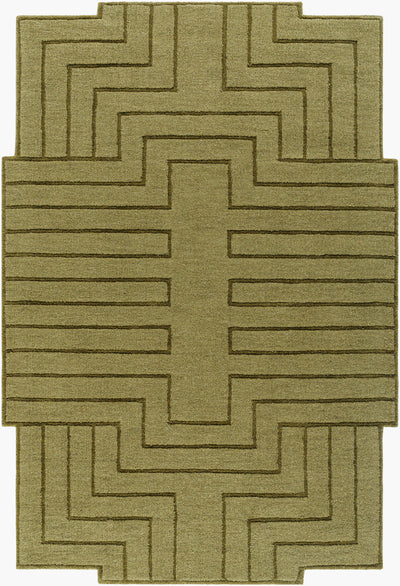 Livabliss Mystique M-5497 Olive green hand-loomed wool area rug with geometric maze pattern and textured horizontal lines for living spaces.