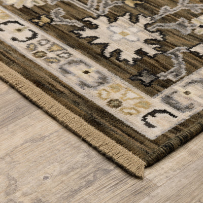 Acacia ACA01 Brown/Tan vintage-inspired area rug with rich brown and tan colors, classic pattern detail, wool nylon blend, and fringe.