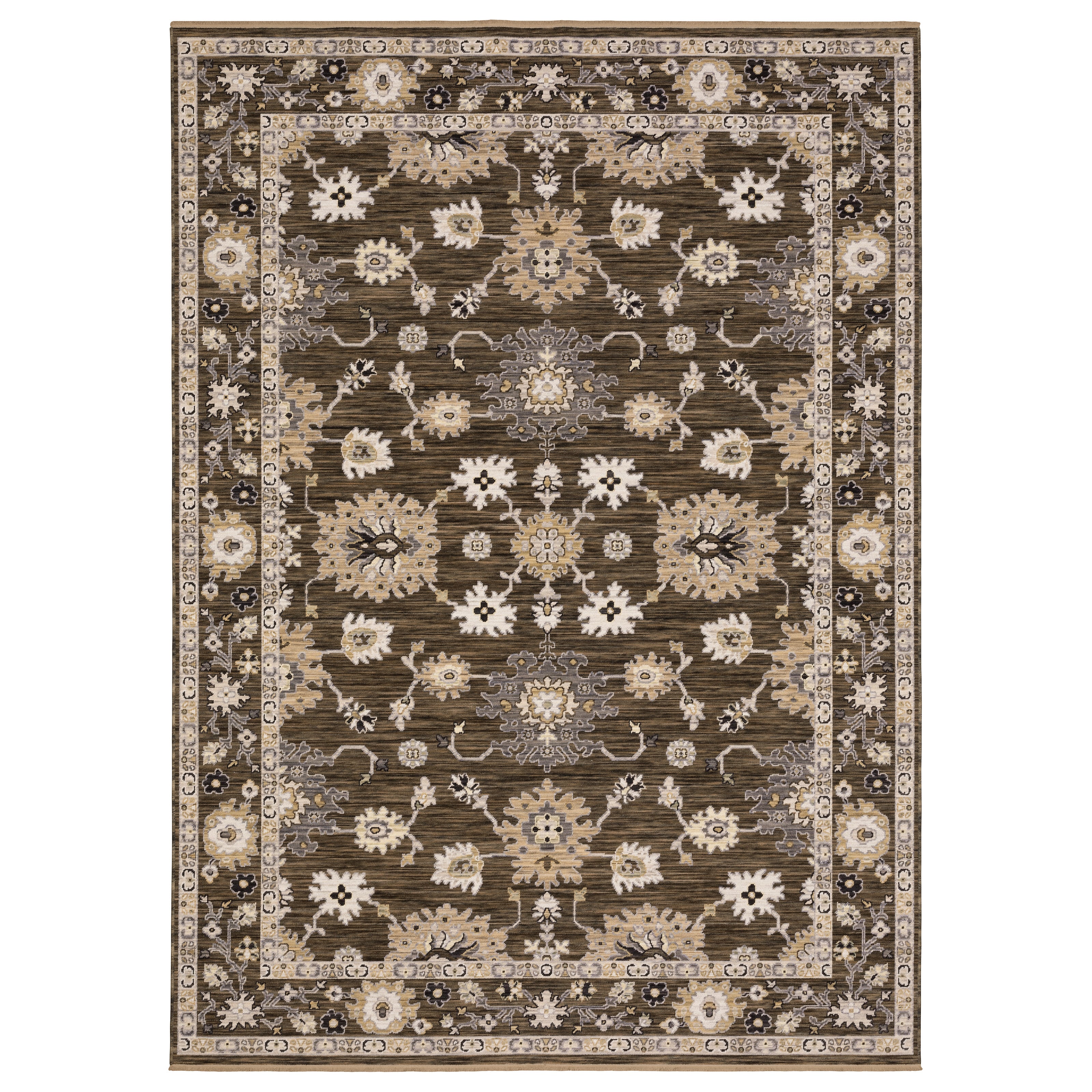 Acacia ACA01 Brown/Tan vintage-inspired area rug with rich brown and tan colors, classic pattern detail, wool nylon blend, and fringe.