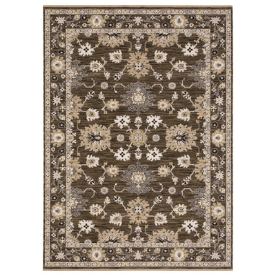 Acacia ACA01 Brown/Tan vintage-inspired area rug with rich brown and tan colors, classic pattern detail, wool nylon blend, and fringe.