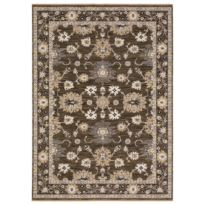 Acacia ACA01 Brown/Tan vintage-inspired area rug with rich brown and tan colors, classic pattern detail, wool nylon blend, and fringe.
