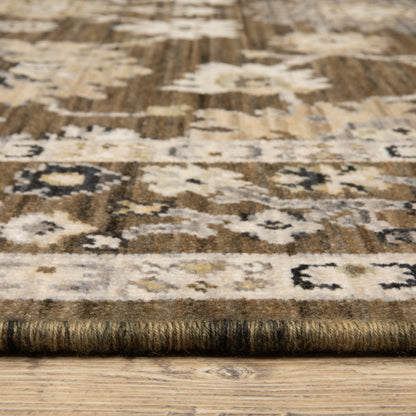 Acacia ACA01 Brown/Tan vintage-inspired area rug with rich brown and tan colors, classic pattern detail, wool nylon blend, and fringe.