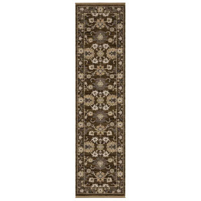 Acacia ACA01 Brown/Tan vintage-inspired area rug with rich brown and tan colors, classic pattern detail, wool nylon blend, and fringe.
